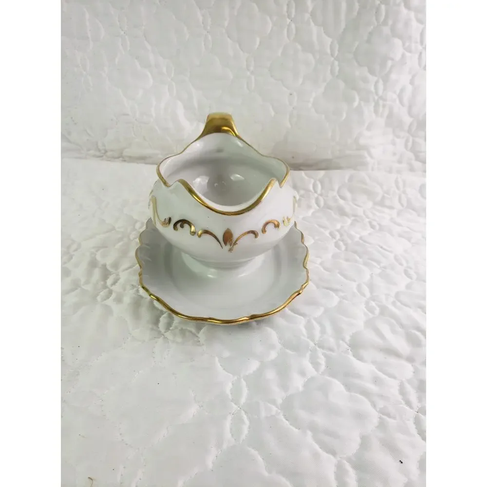 Schumann Arzberg Golden Elegance Germany Gravy Boat Attached Underplate White